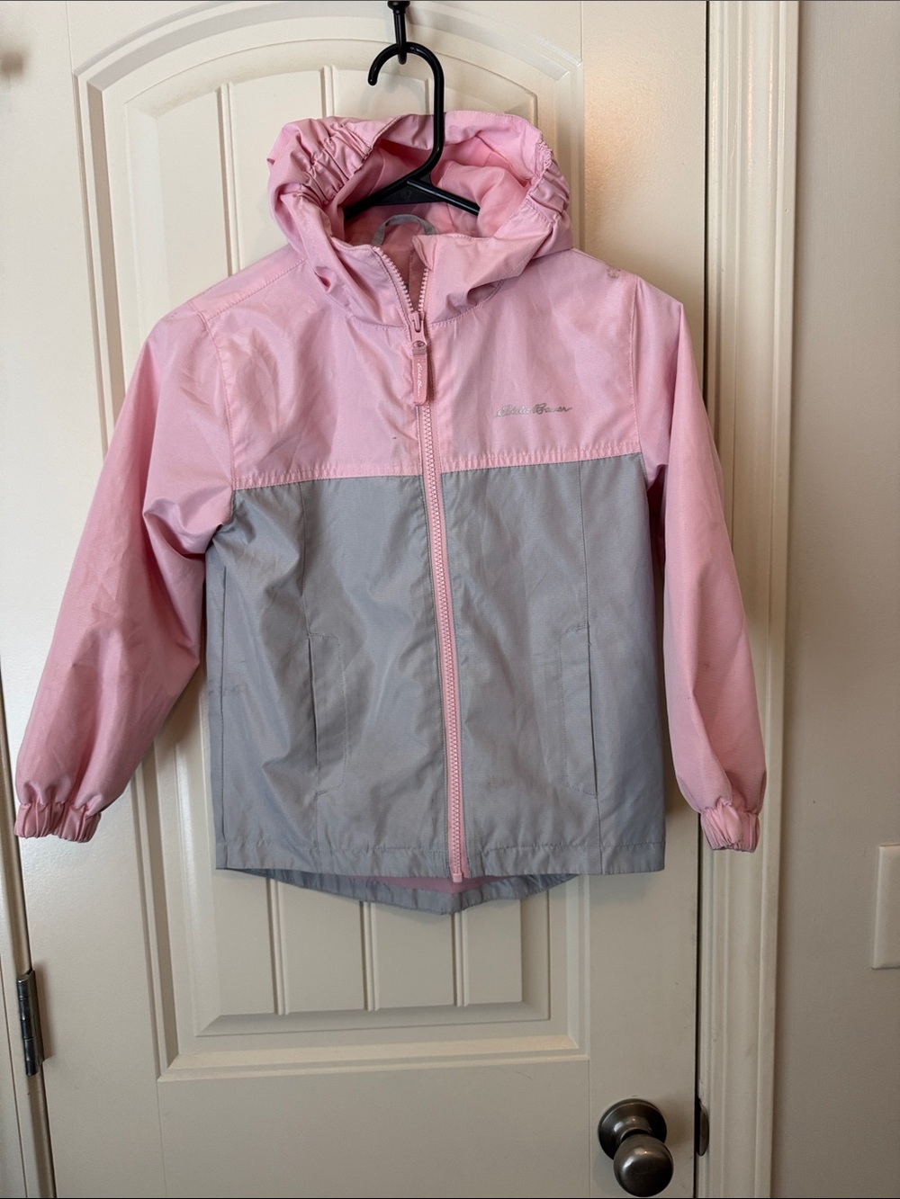 Eddie Bauer Pink and Gray Kids Hooded Rain Jacket